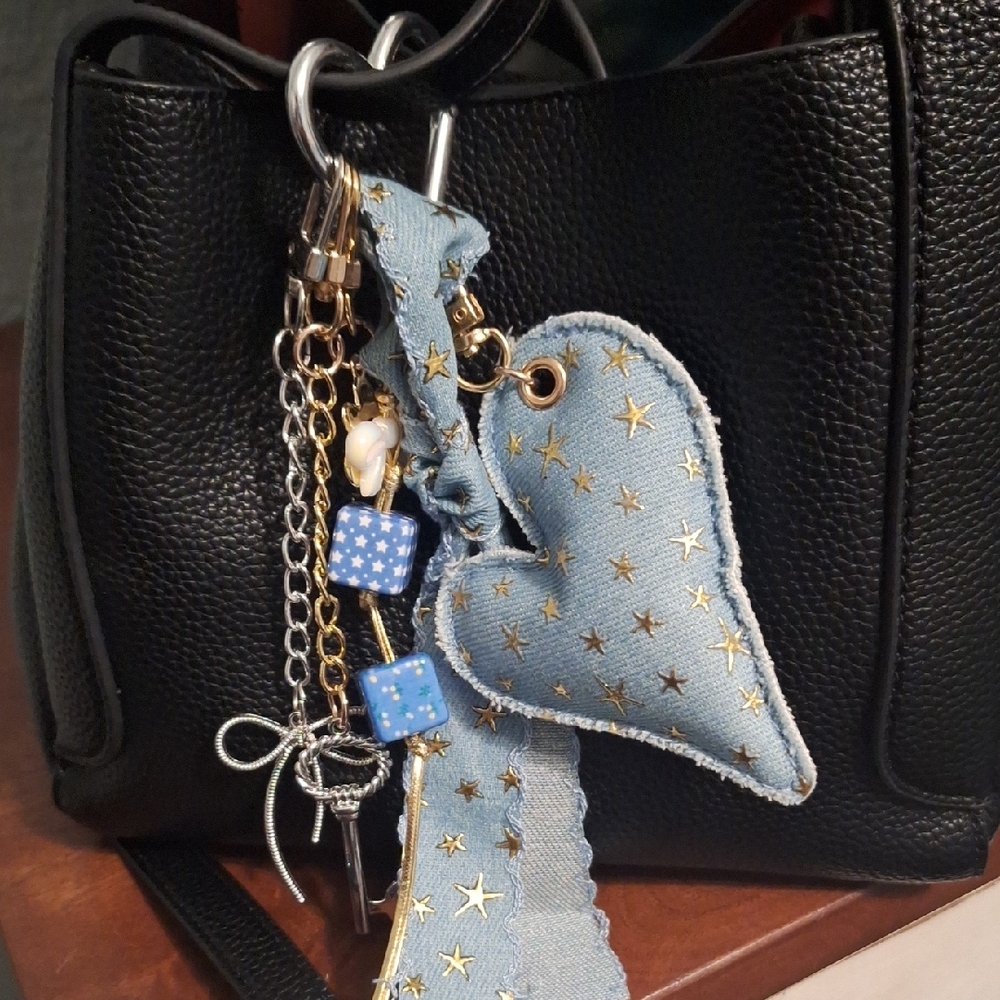 Denim Heart With Bows And Hearts Bag Charm